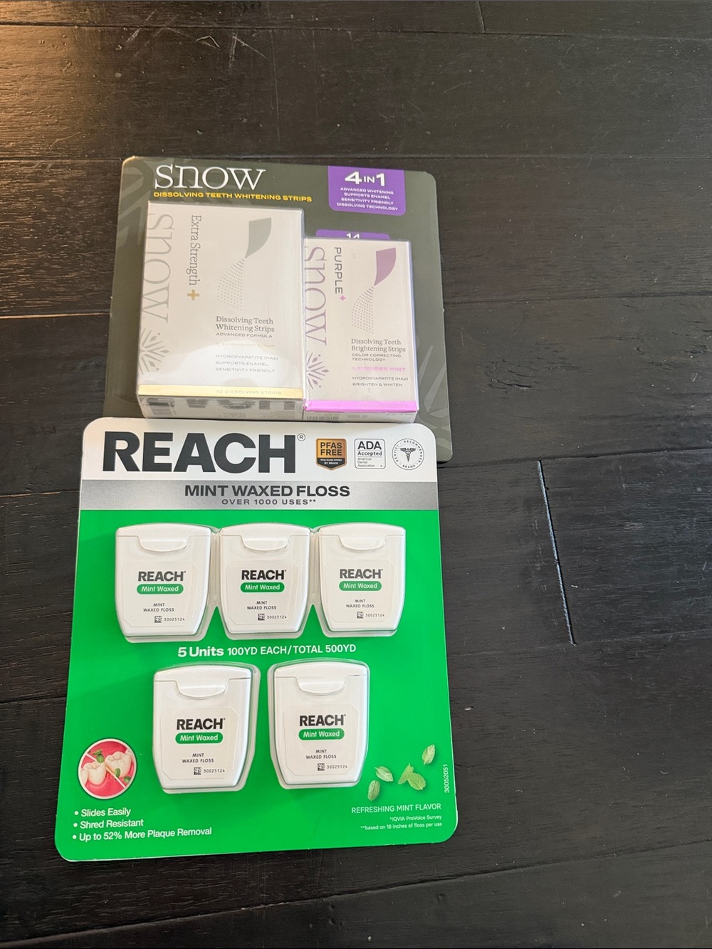 REACH Mint Waxed Dental Floss 
Snow teeth whitening strips